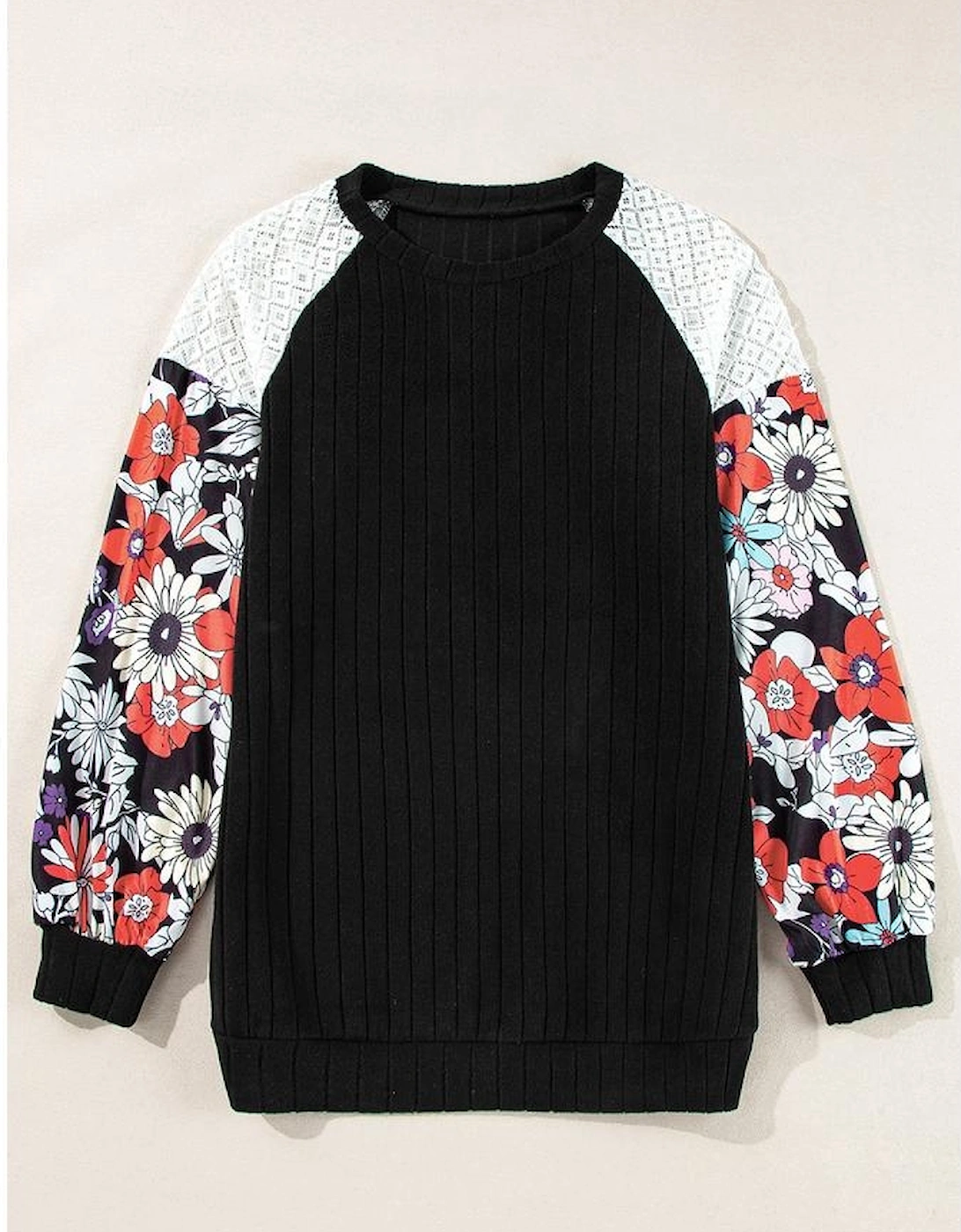 Black Floral Patchwork Long Sleeve Ribbed Blouse