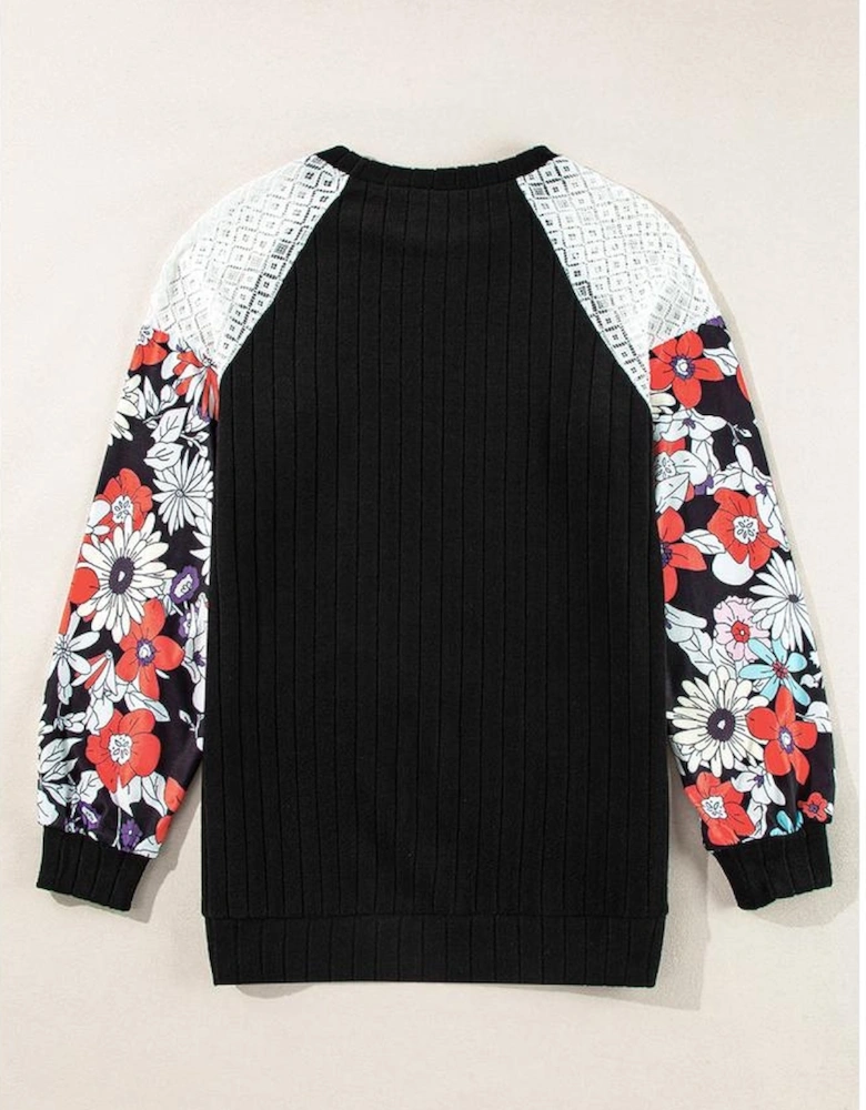 Black Floral Patchwork Long Sleeve Ribbed Blouse