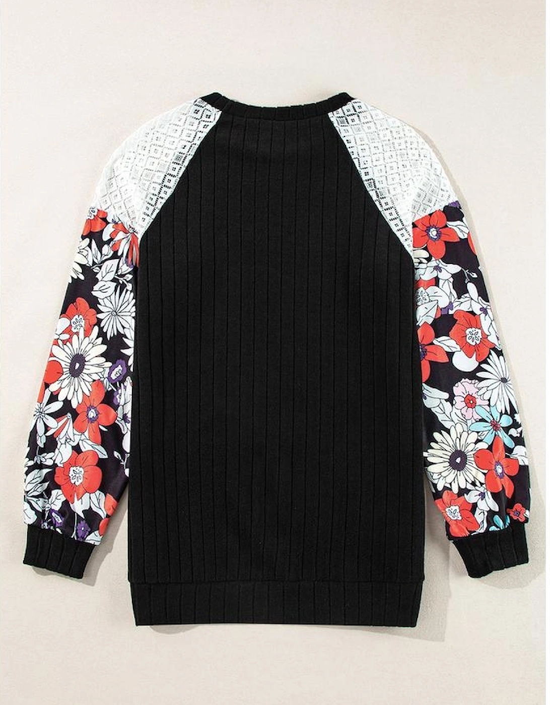 Black Floral Patchwork Long Sleeve Ribbed Blouse, 10 of 9