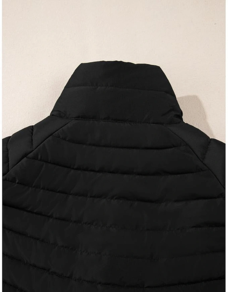 Black Plush Collared Quilted Zipped Puffer Vest