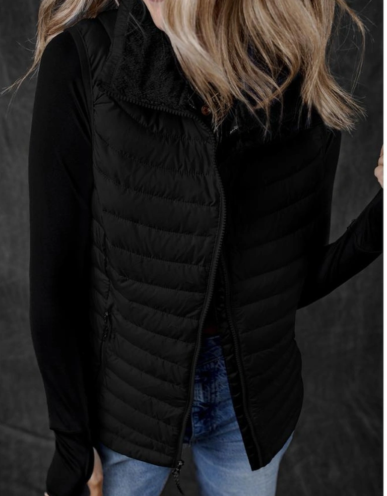 Black Plush Collared Quilted Zipped Puffer Vest