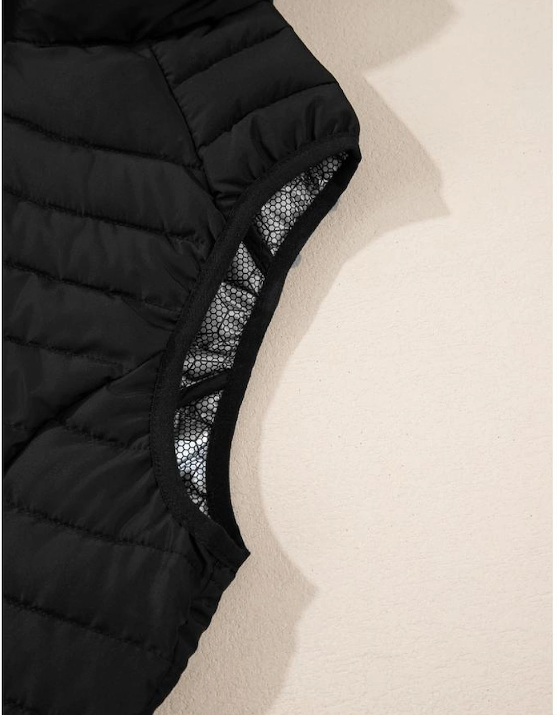 Black Plush Collared Quilted Zipped Puffer Vest