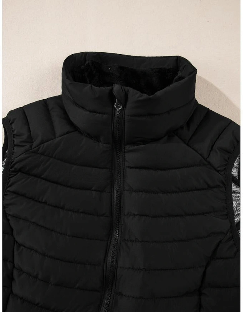 Black Plush Collared Quilted Zipped Puffer Vest
