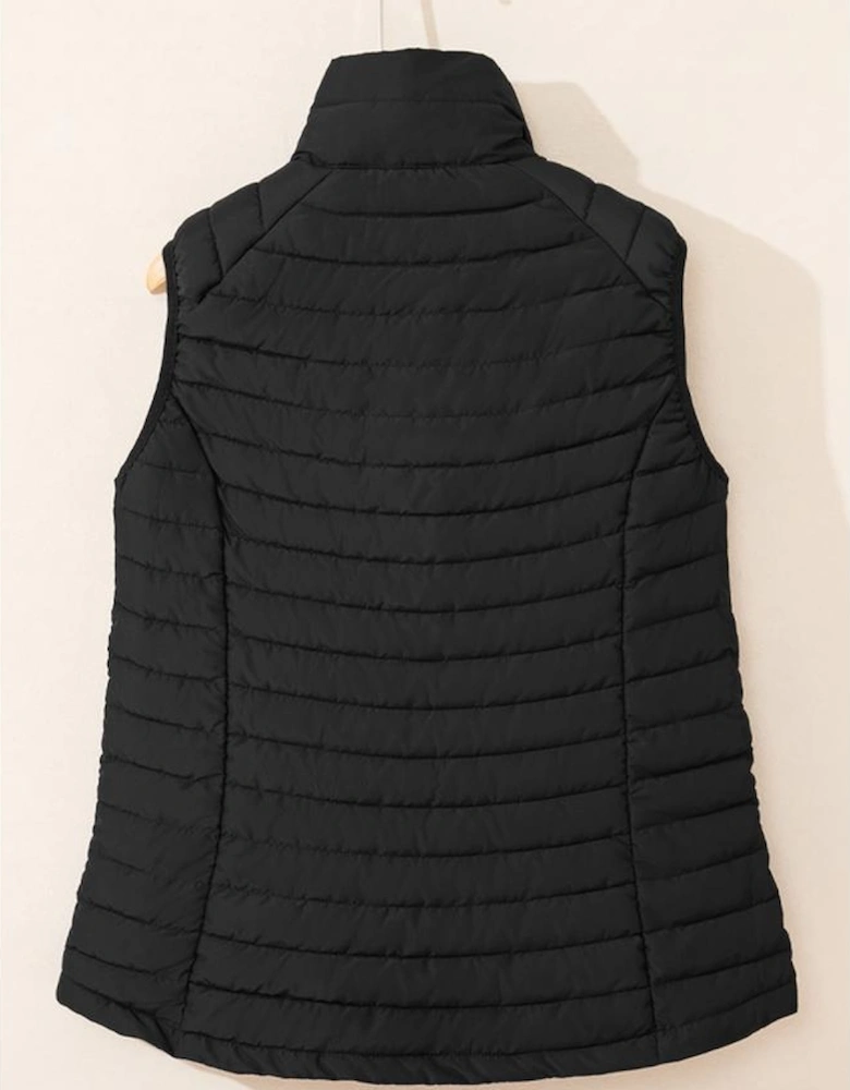 Black Plush Collared Quilted Zipped Puffer Vest