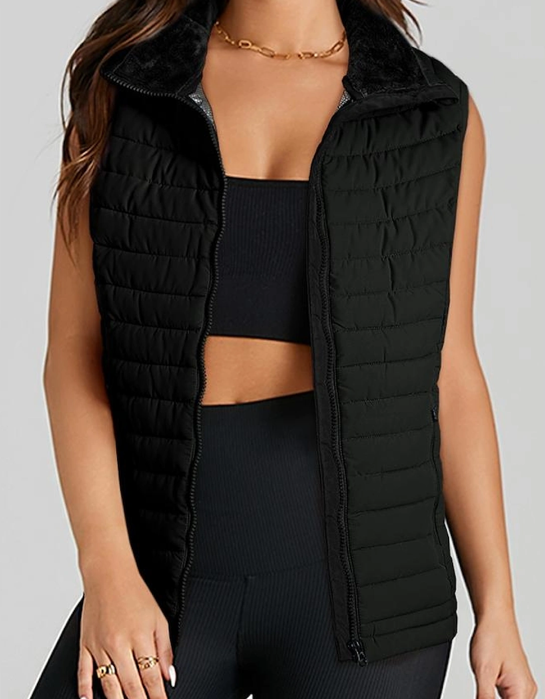 Black Plush Collared Quilted Zipped Puffer Vest