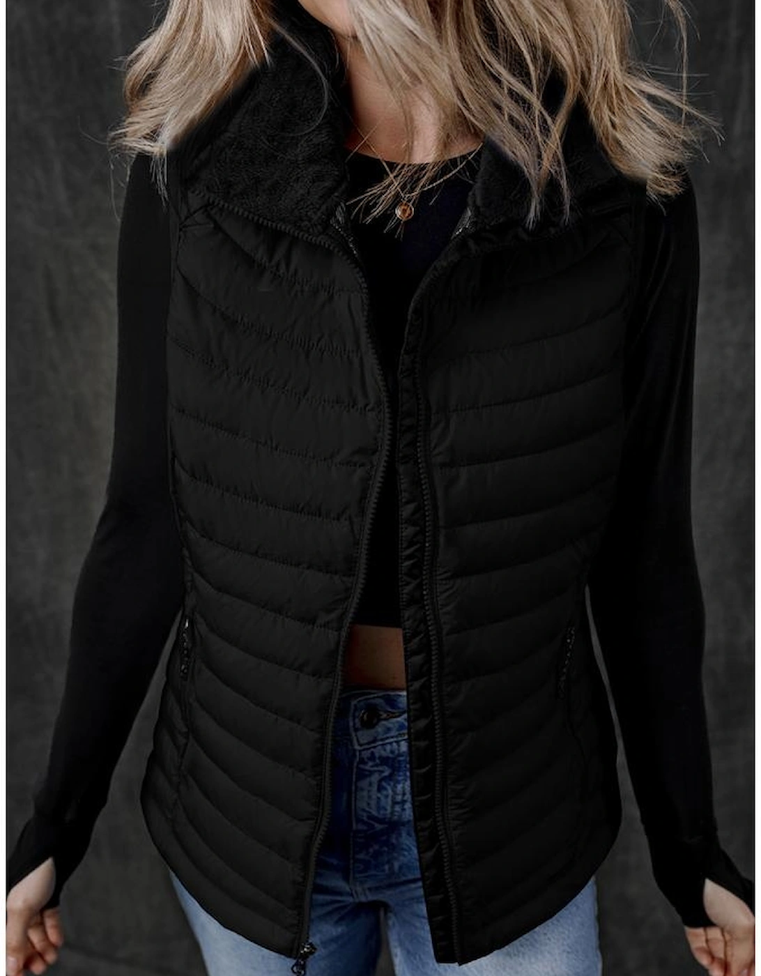 Black Plush Collared Quilted Zipped Puffer Vest