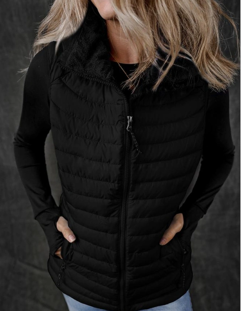 Black Plush Collared Quilted Zipped Puffer Vest