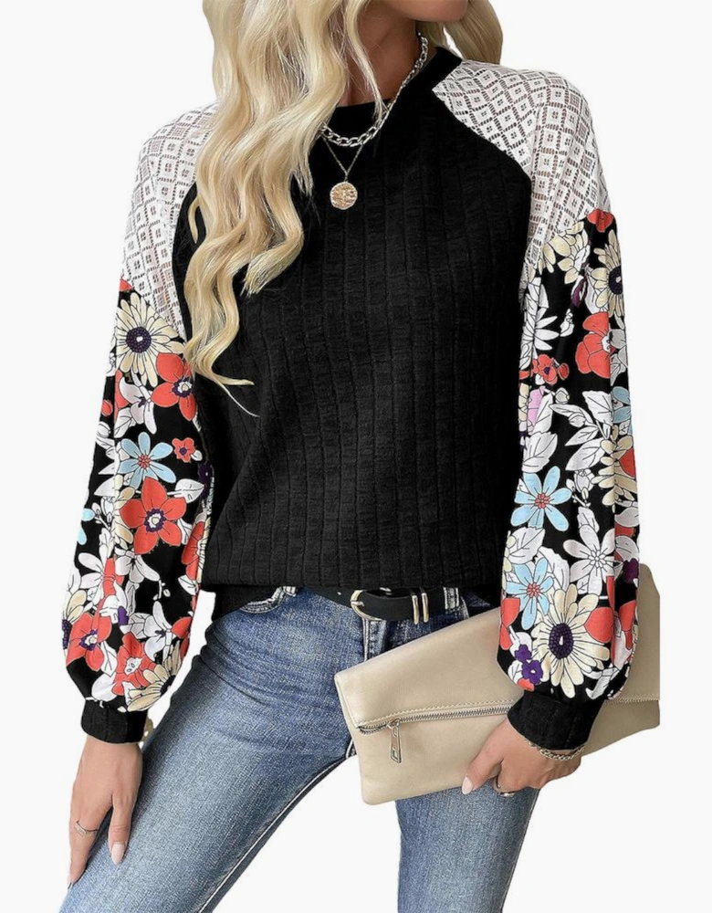 Black Floral Patchwork Long Sleeve Ribbed Blouse