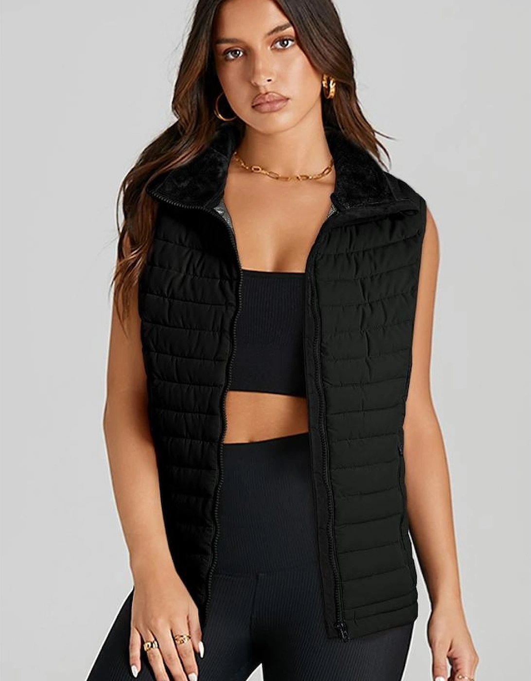 Black Plush Collared Quilted Zipped Puffer Vest