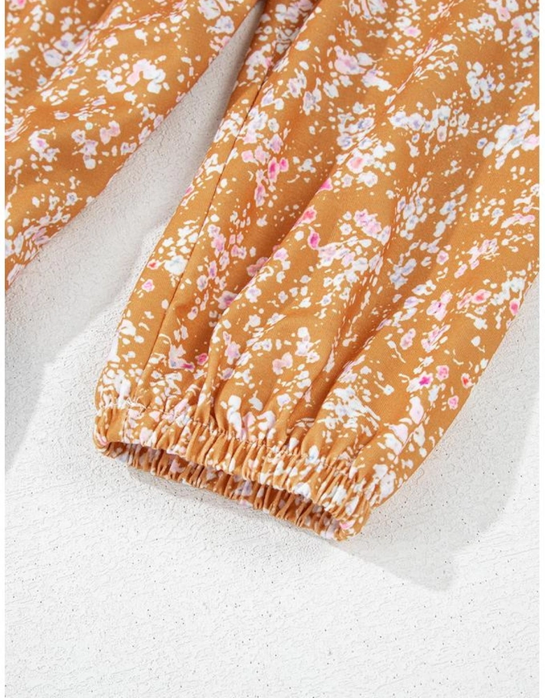 Blue Floral Color Block Patchwork Ruffled Hem Round Neck Blouse