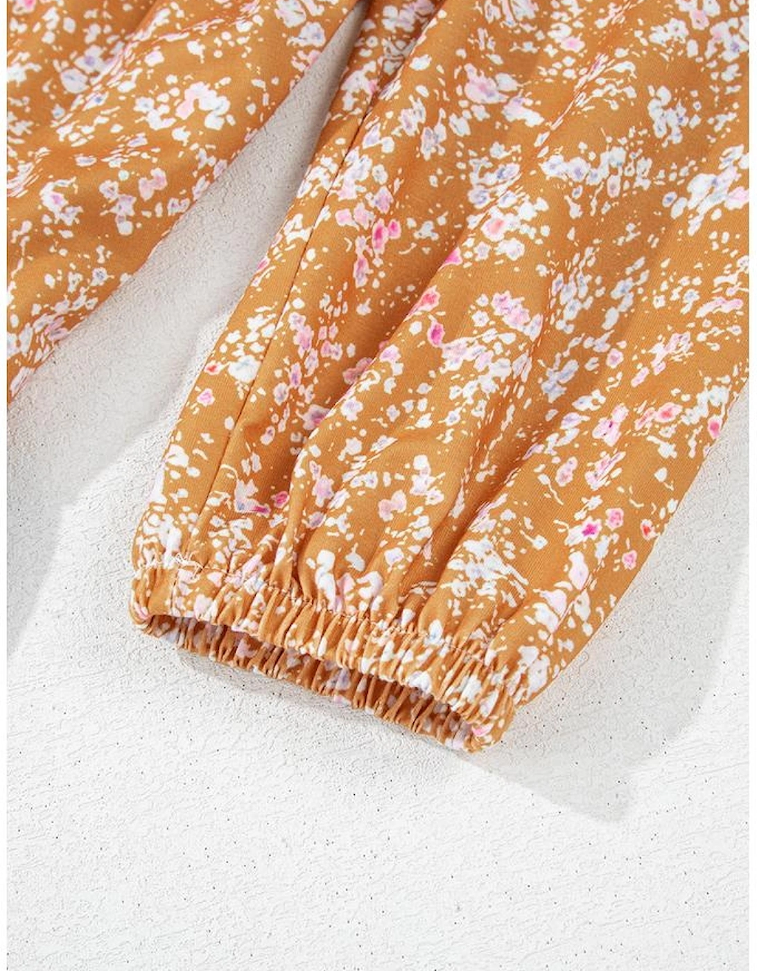 Blue Floral Color Block Patchwork Ruffled Hem Round Neck Blouse