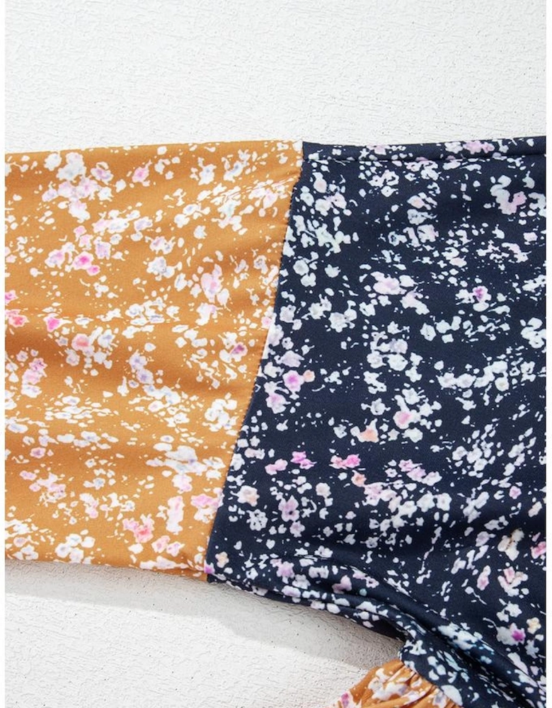 Blue Floral Color Block Patchwork Ruffled Hem Round Neck Blouse