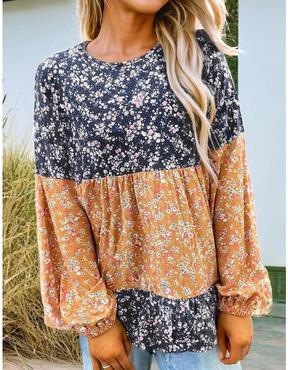 Blue Floral Color Block Patchwork Ruffled Hem Round Neck Blouse