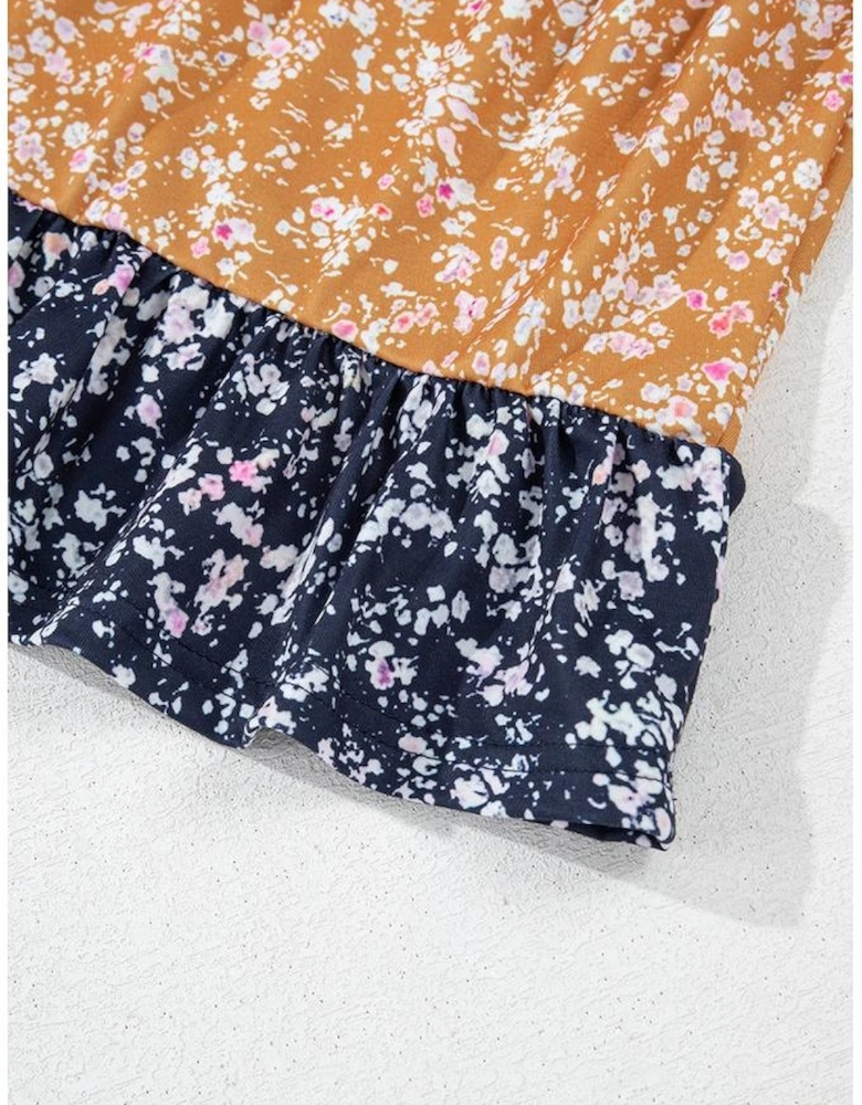 Blue Floral Color Block Patchwork Ruffled Hem Round Neck Blouse