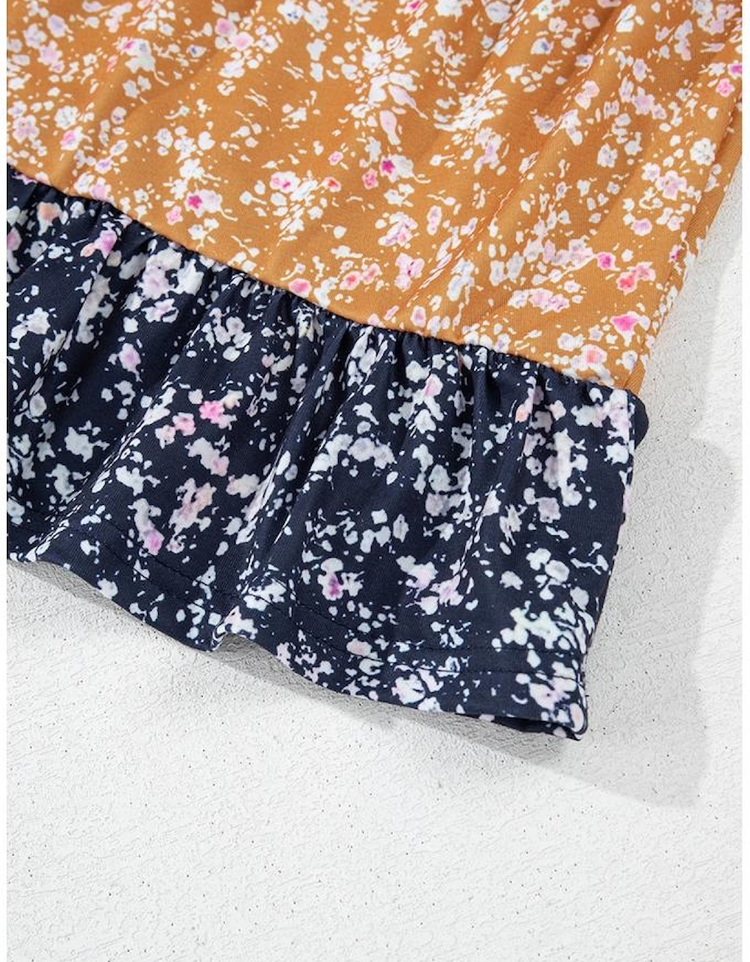 Blue Floral Color Block Patchwork Ruffled Hem Round Neck Blouse