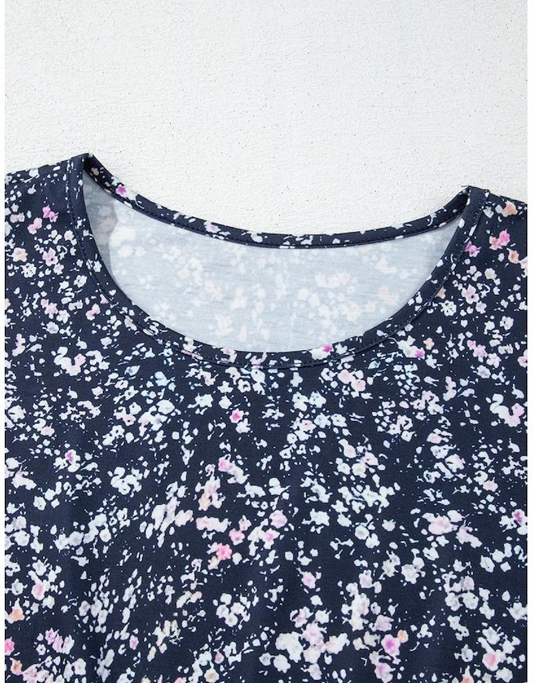 Blue Floral Color Block Patchwork Ruffled Hem Round Neck Blouse