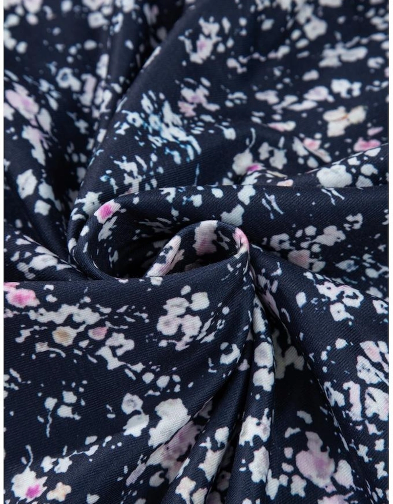 Blue Floral Color Block Patchwork Ruffled Hem Round Neck Blouse