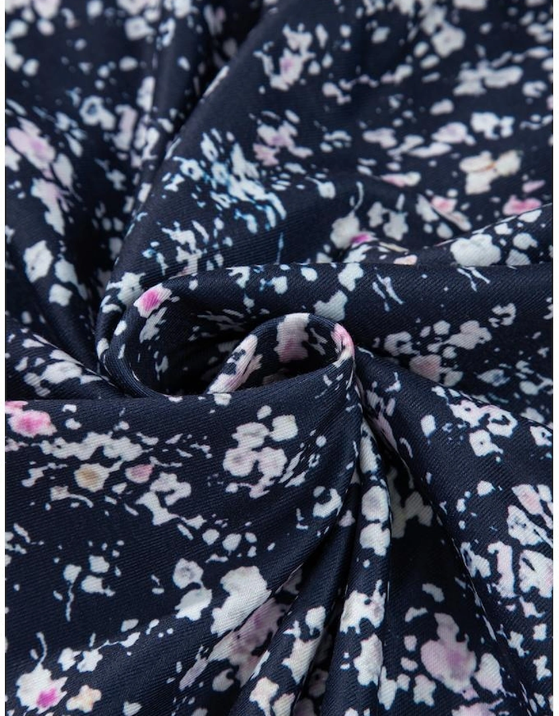 Blue Floral Color Block Patchwork Ruffled Hem Round Neck Blouse