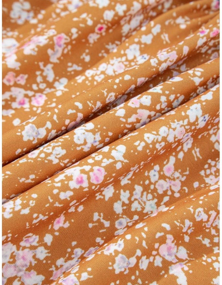 Blue Floral Color Block Patchwork Ruffled Hem Round Neck Blouse