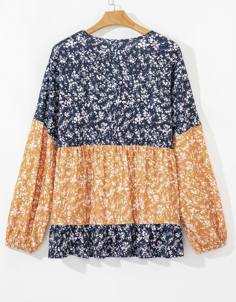 Blue Floral Color Block Patchwork Ruffled Hem Round Neck Blouse