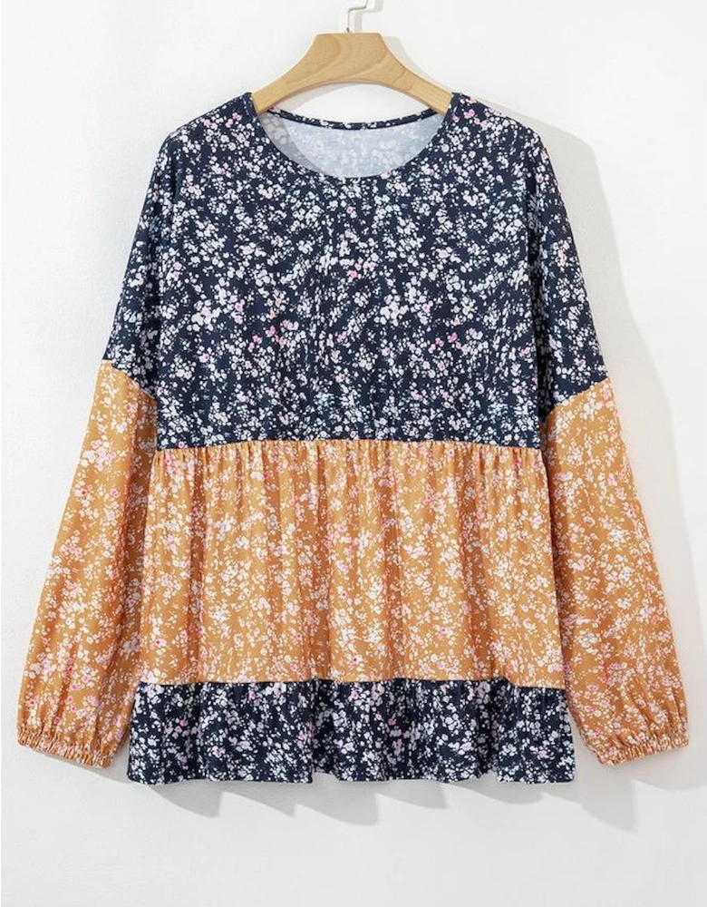 Blue Floral Color Block Patchwork Ruffled Hem Round Neck Blouse