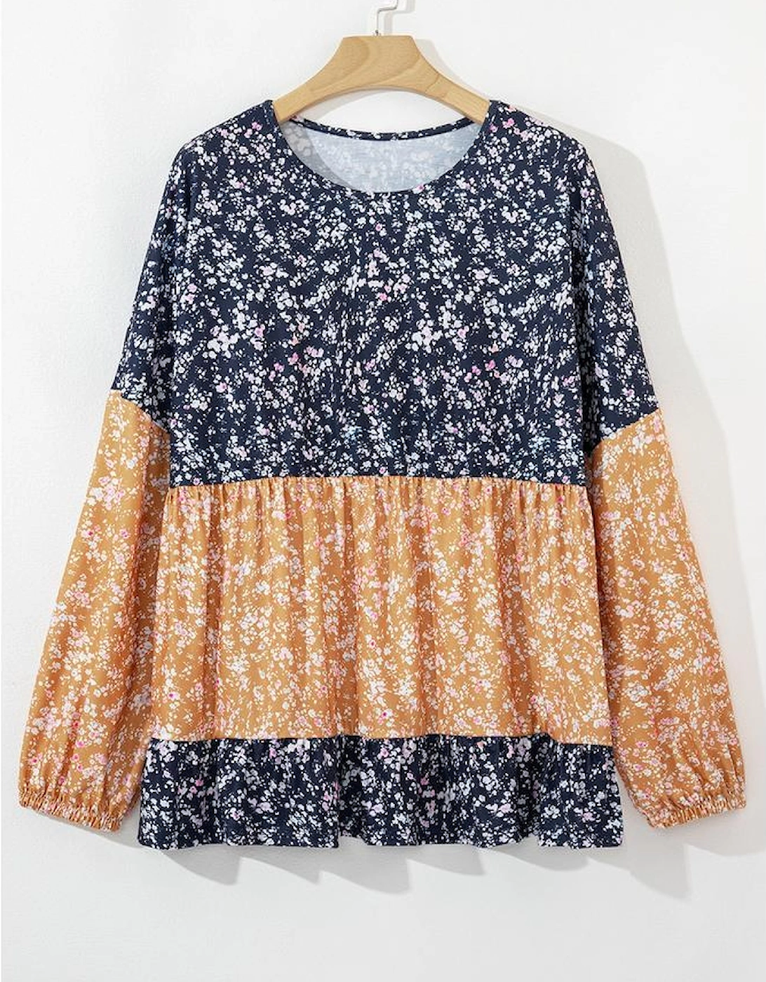 Blue Floral Color Block Patchwork Ruffled Hem Round Neck Blouse