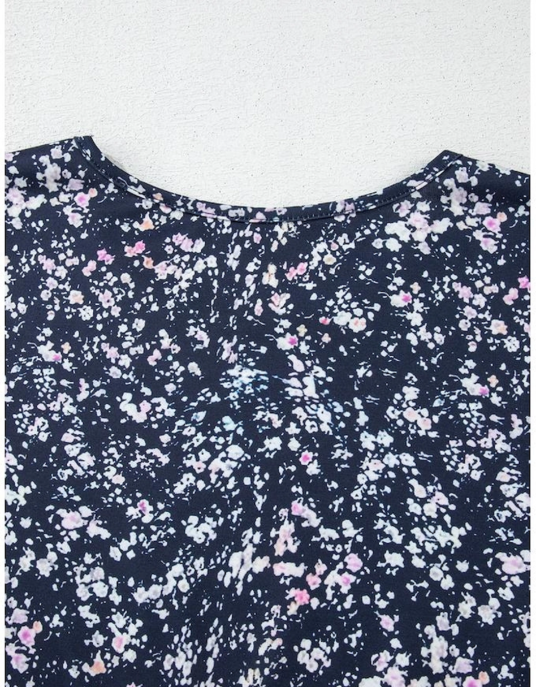 Blue Floral Color Block Patchwork Ruffled Hem Round Neck Blouse