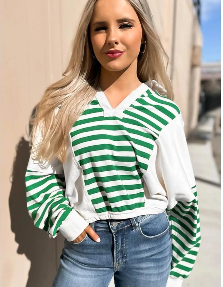 Green Stripe Colorblock Collared V Neck Cropped Knit Pullover