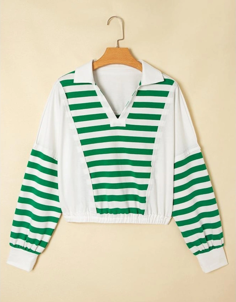 Green Stripe Colorblock Collared V Neck Cropped Knit Pullover