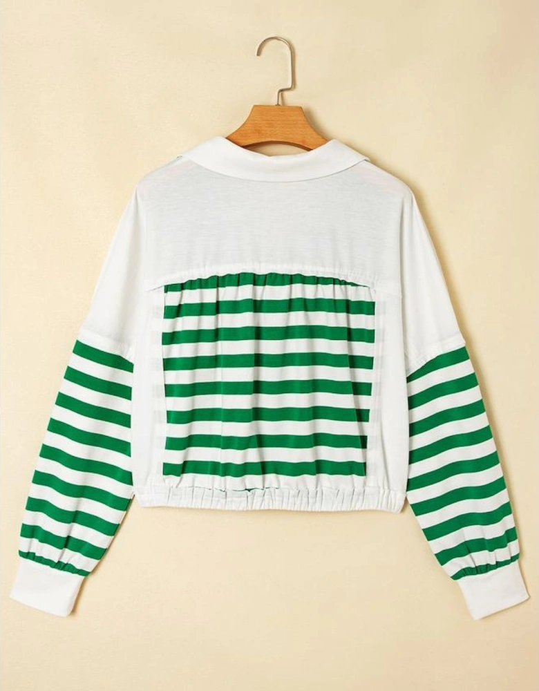 Green Stripe Colorblock Collared V Neck Cropped Knit Pullover