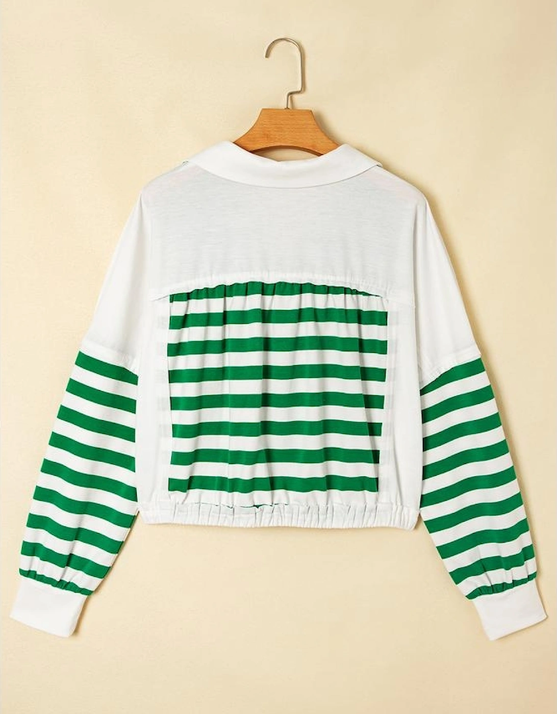 Green Stripe Colorblock Collared V Neck Cropped Knit Pullover