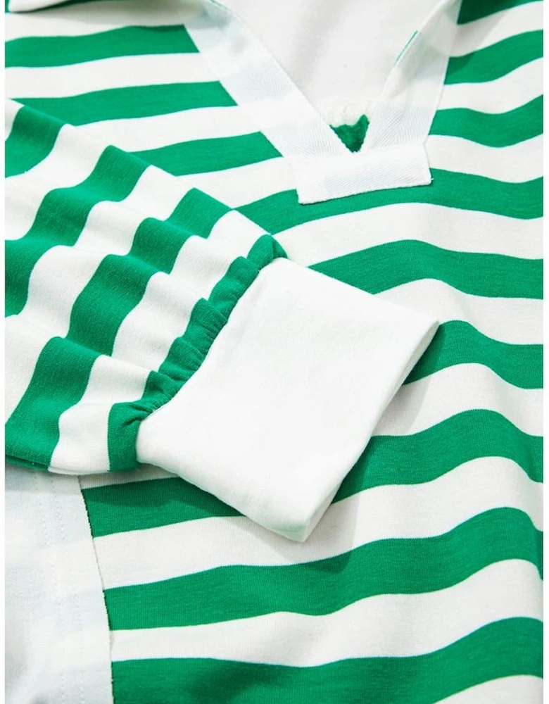 Green Stripe Colorblock Collared V Neck Cropped Knit Pullover