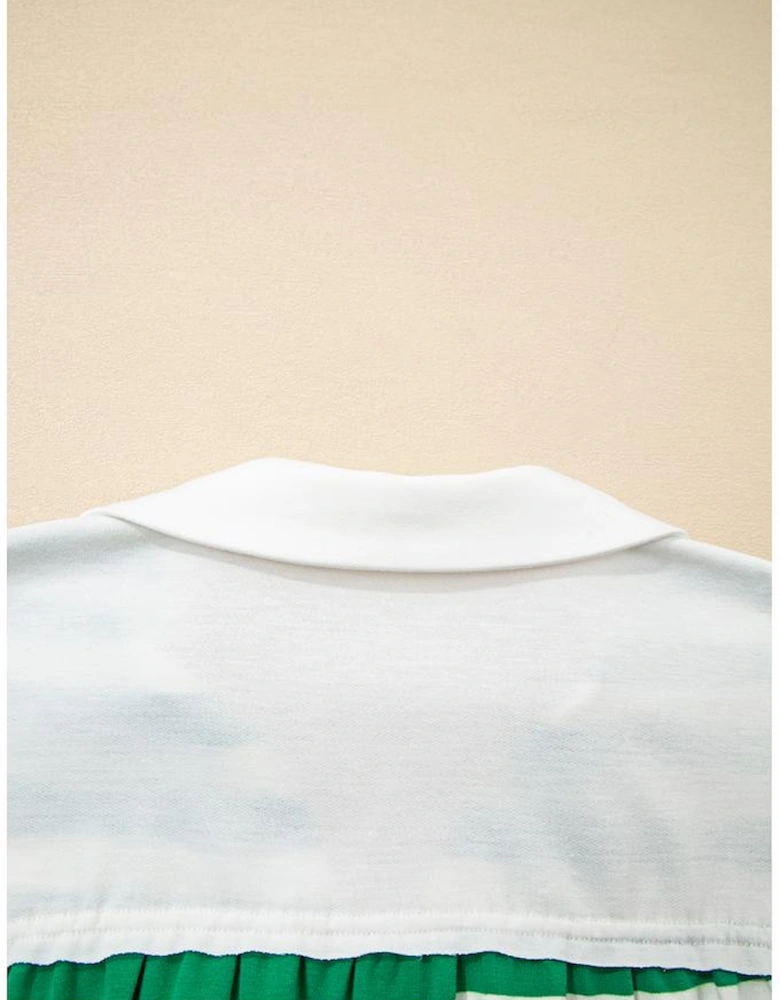 Green Stripe Colorblock Collared V Neck Cropped Knit Pullover