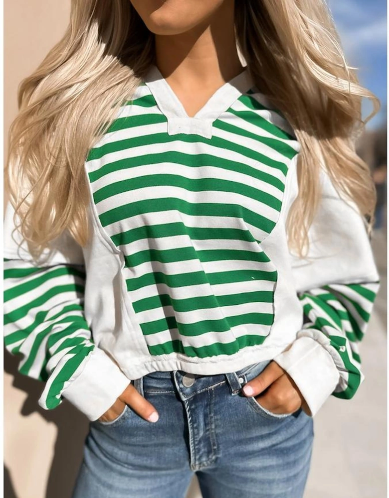 Green Stripe Colorblock Collared V Neck Cropped Knit Pullover