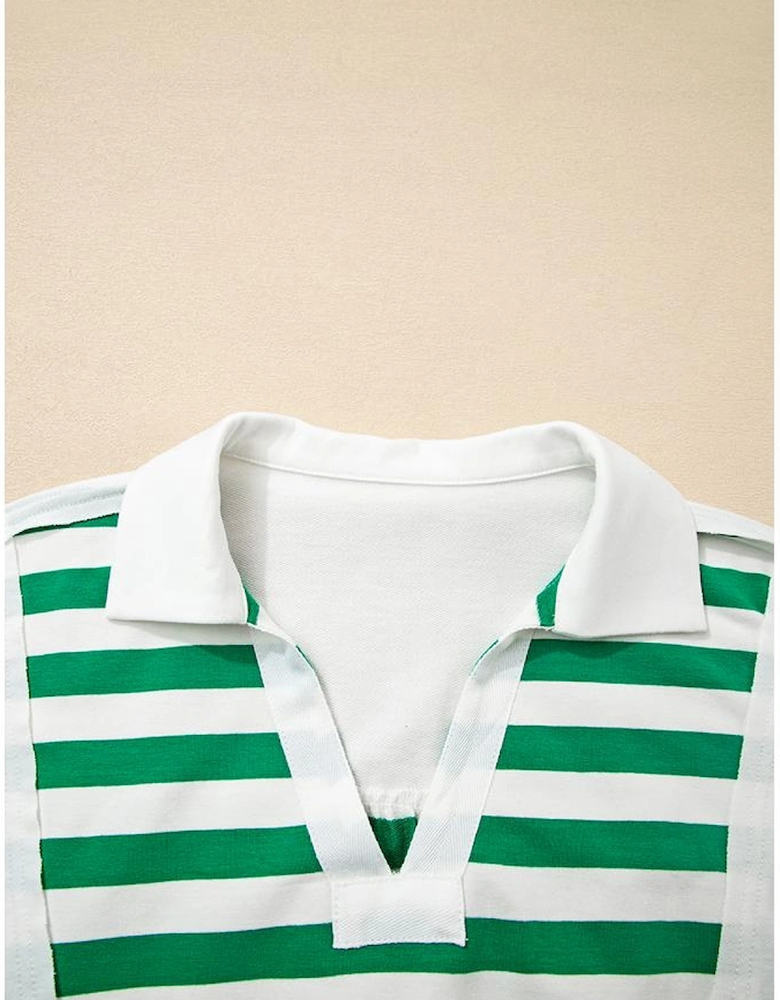 Green Stripe Colorblock Collared V Neck Cropped Knit Pullover