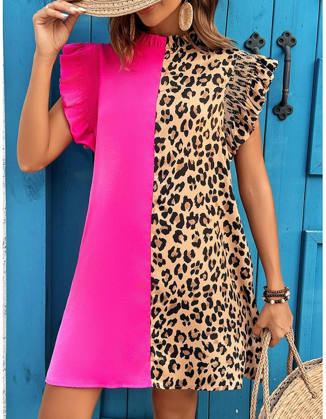 Rose Red Leopard Contrast Patchwork Ruffled Sleeve Short Shift Dress