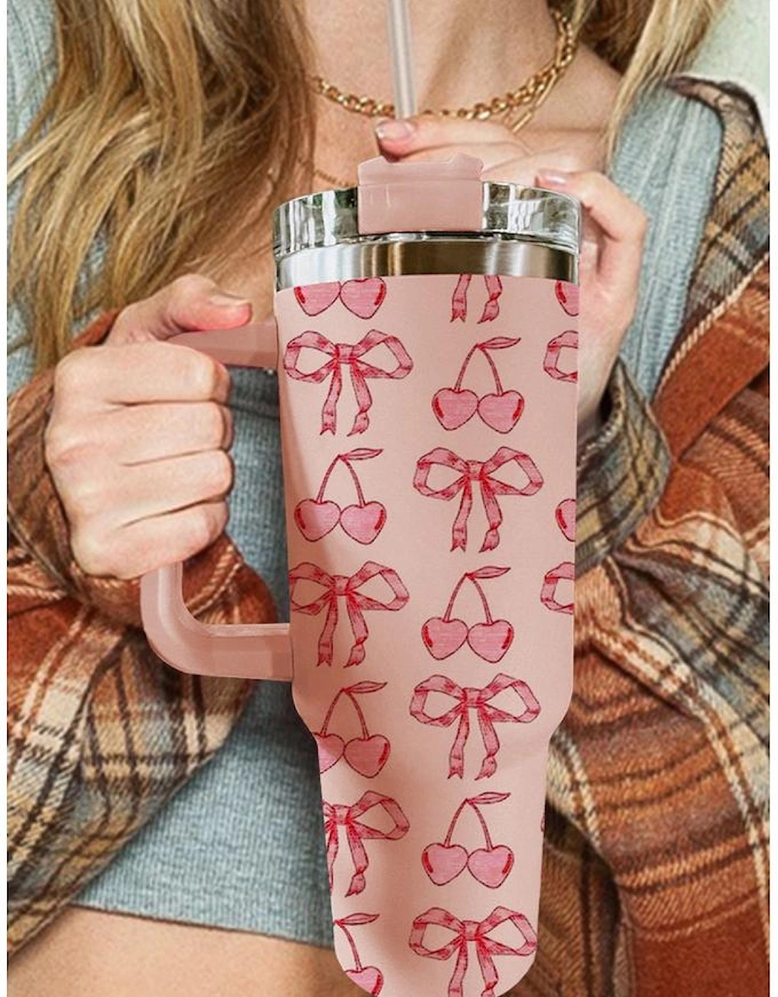 Azura Exchange Apricot Pink Cherry Bowknot Stylish Large Tumbler with Handle 40oz, 5 of 4