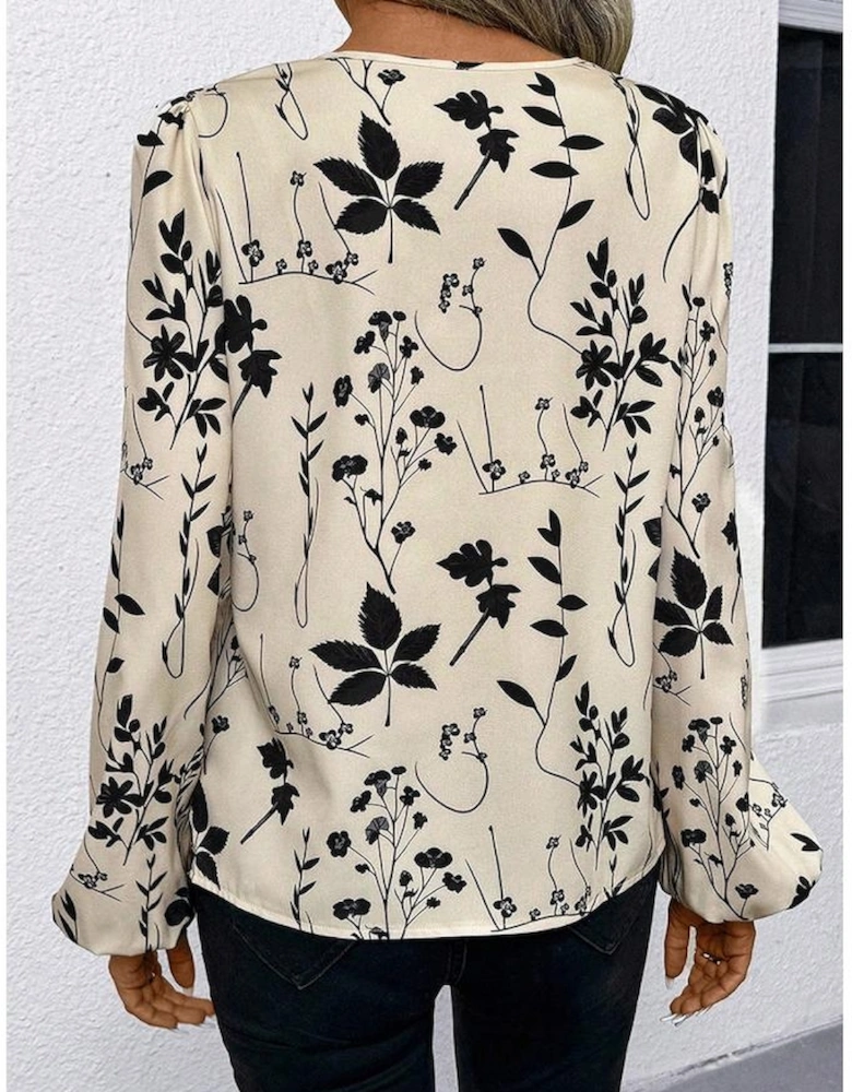 Khaki Botanical Floral Print Split Neck Long Sleeve Blouse
