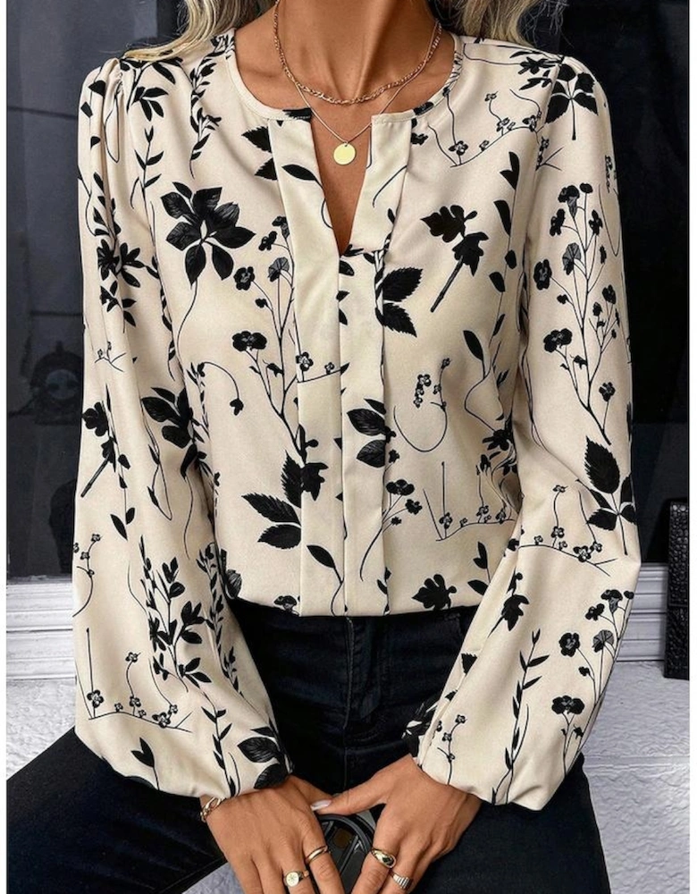 Khaki Botanical Floral Print Split Neck Long Sleeve Blouse