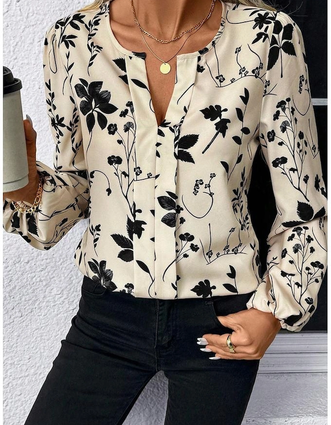 Khaki Botanical Floral Print Split Neck Long Sleeve Blouse