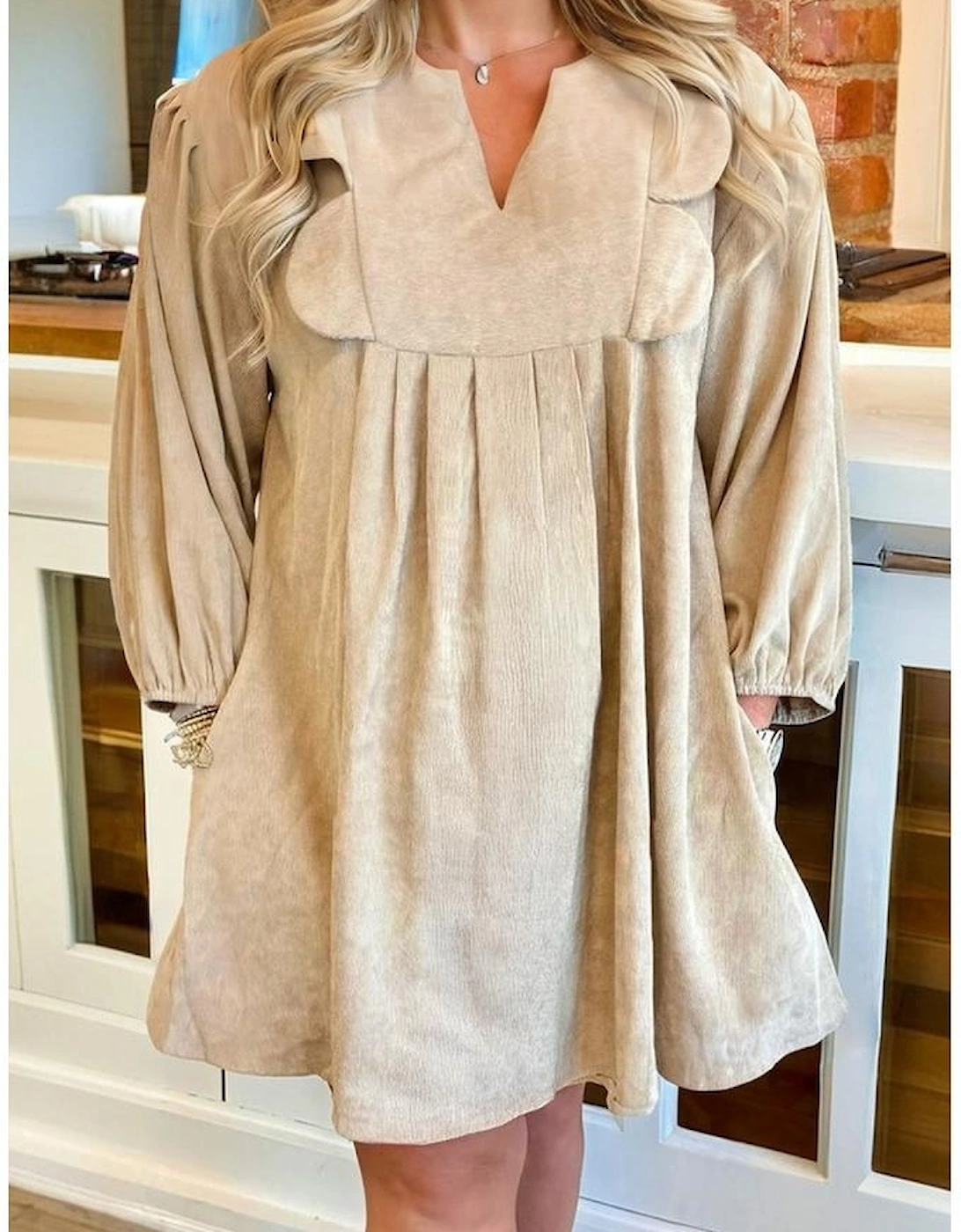 Parchment Notched Neck Scallop Detail Plus Size Mini Dress