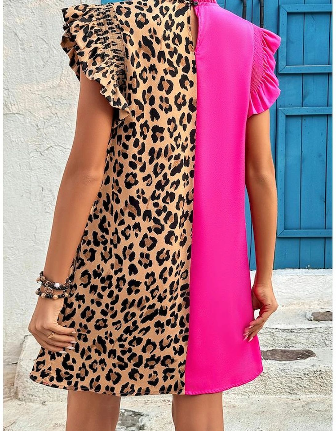 Rose Red Leopard Contrast Patchwork Ruffled Sleeve Short Shift Dress, 7 of 6