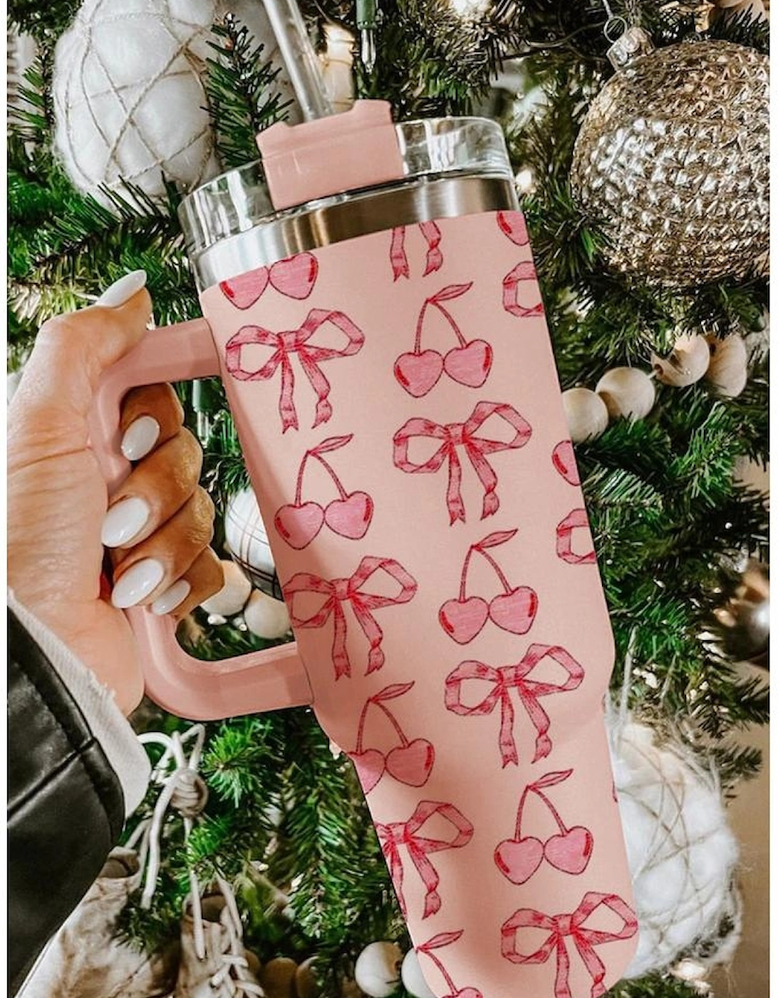Azura Exchange Apricot Pink Cherry Bowknot Stylish Large Tumbler with Handle 40oz