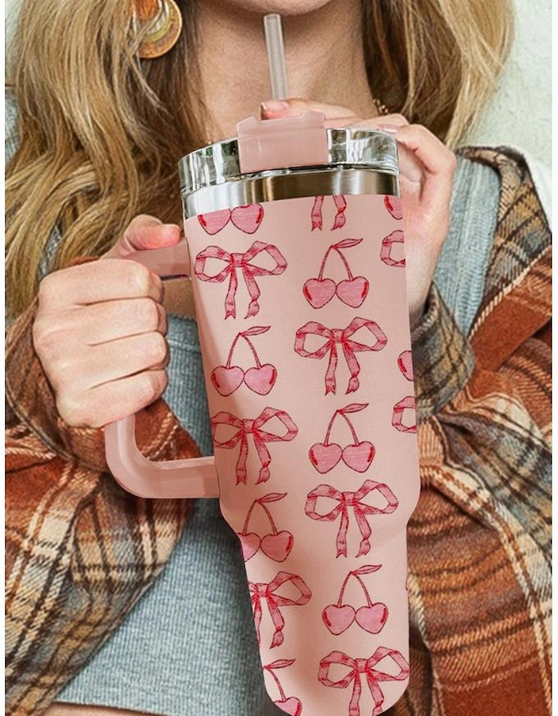 Azura Exchange Apricot Pink Cherry Bowknot Stylish Large Tumbler with Handle 40oz