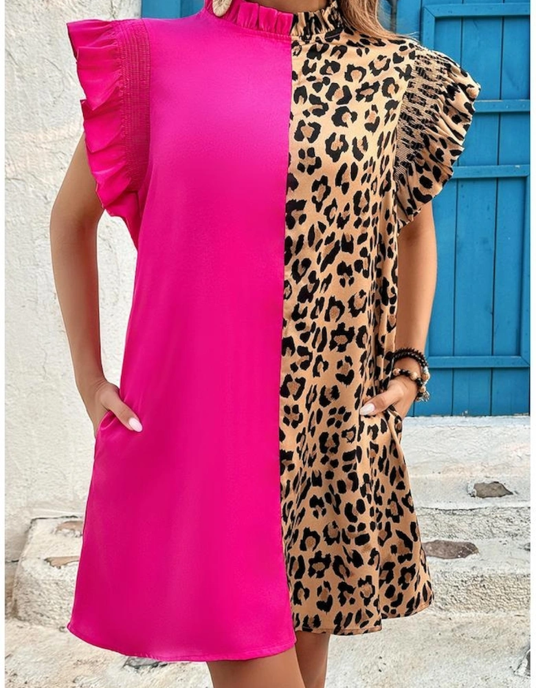 Rose Red Leopard Contrast Patchwork Ruffled Sleeve Short Shift Dress