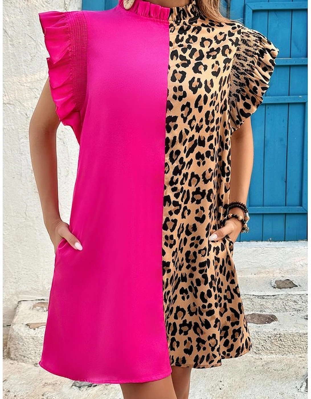 Rose Red Leopard Contrast Patchwork Ruffled Sleeve Short Shift Dress