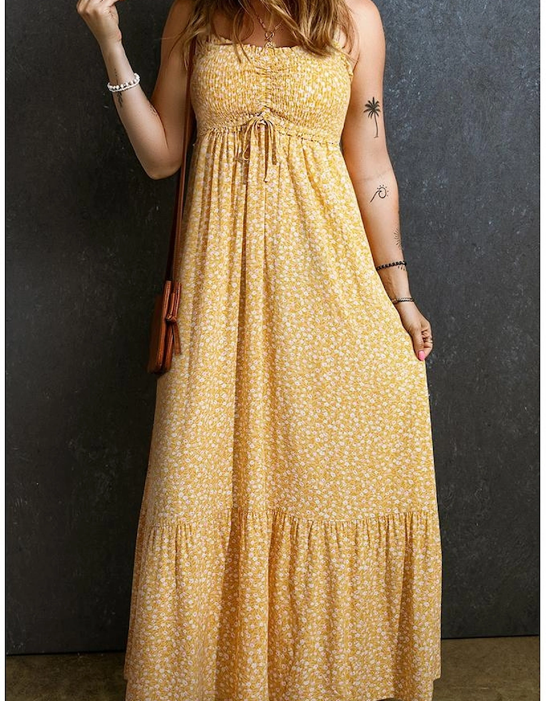 Yellow Frilly Smocked High Waist Floral Maxi Dress, 7 of 6