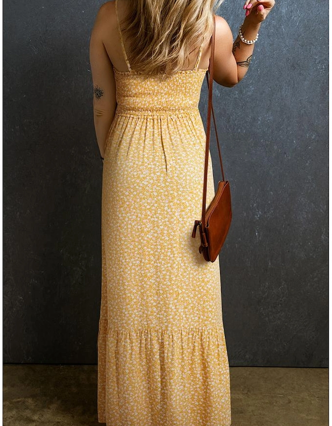 Yellow Frilly Smocked High Waist Floral Maxi Dress