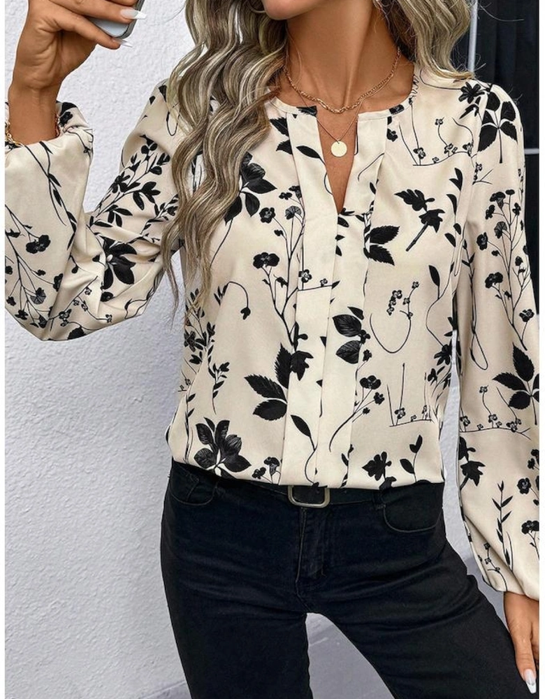 Khaki Botanical Floral Print Split Neck Long Sleeve Blouse