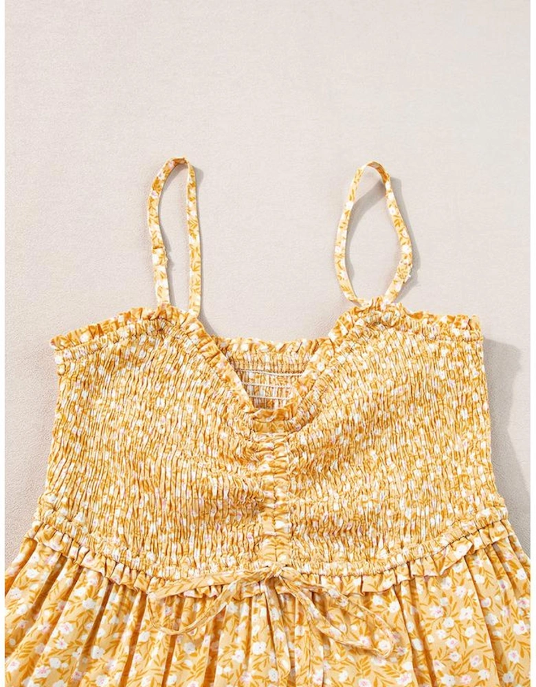 Yellow Frilly Smocked High Waist Floral Maxi Dress